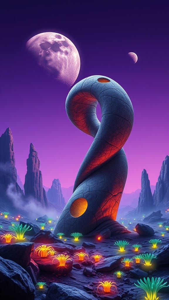 Surreal, Twisting Stone Monolith in Alien Landscape with Bio...