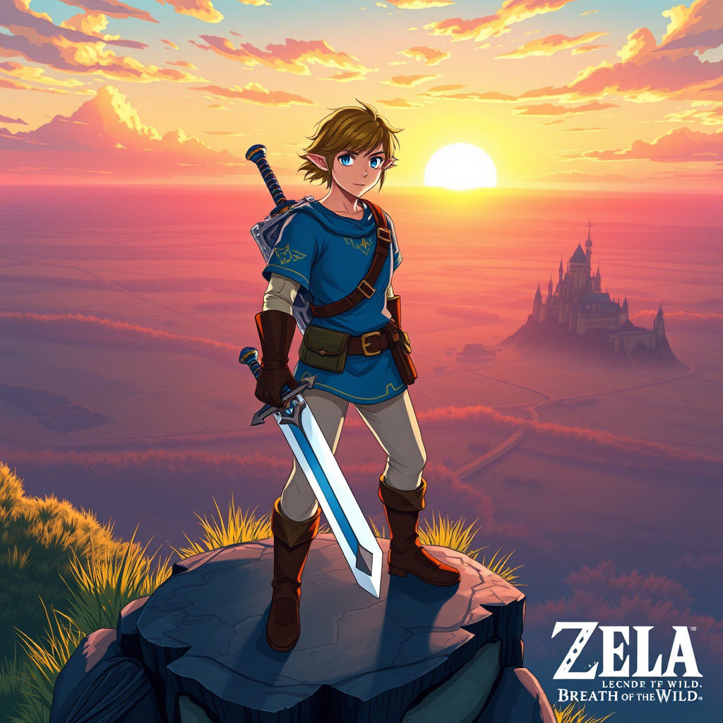 Link in Anime Style Overlooking Hyrule Field