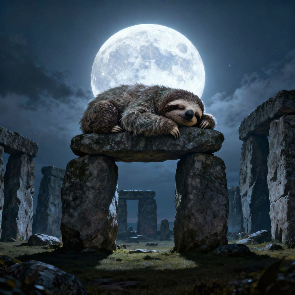 Giant Sloth Napping at Stonehenge Under Full Moon
