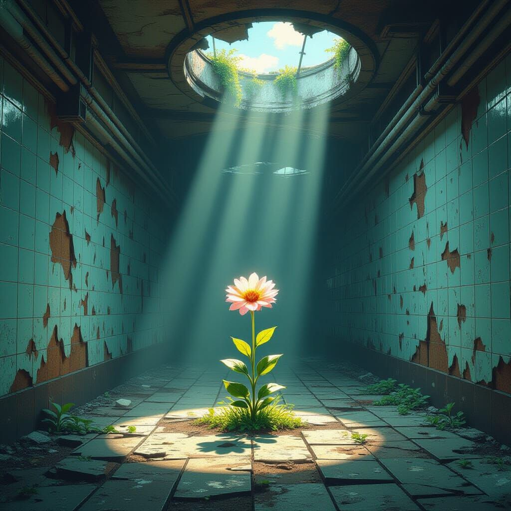 Resilient Flower Blooms in Abandoned Subway, in Sci-Fi Style