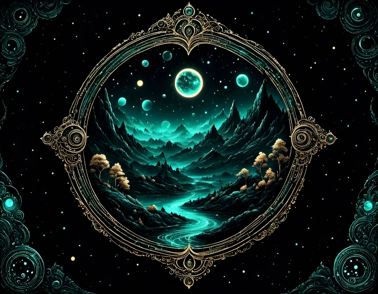 Fantasy World in Bioluminescent Rings: Cartoon Landscape