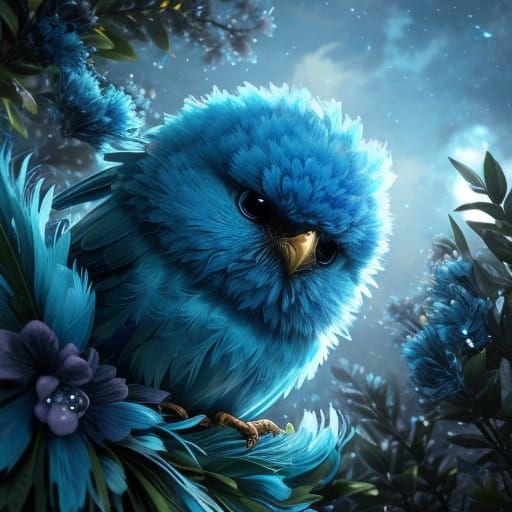 Whimsical Baby Bluebird in Vibrant Cityscape