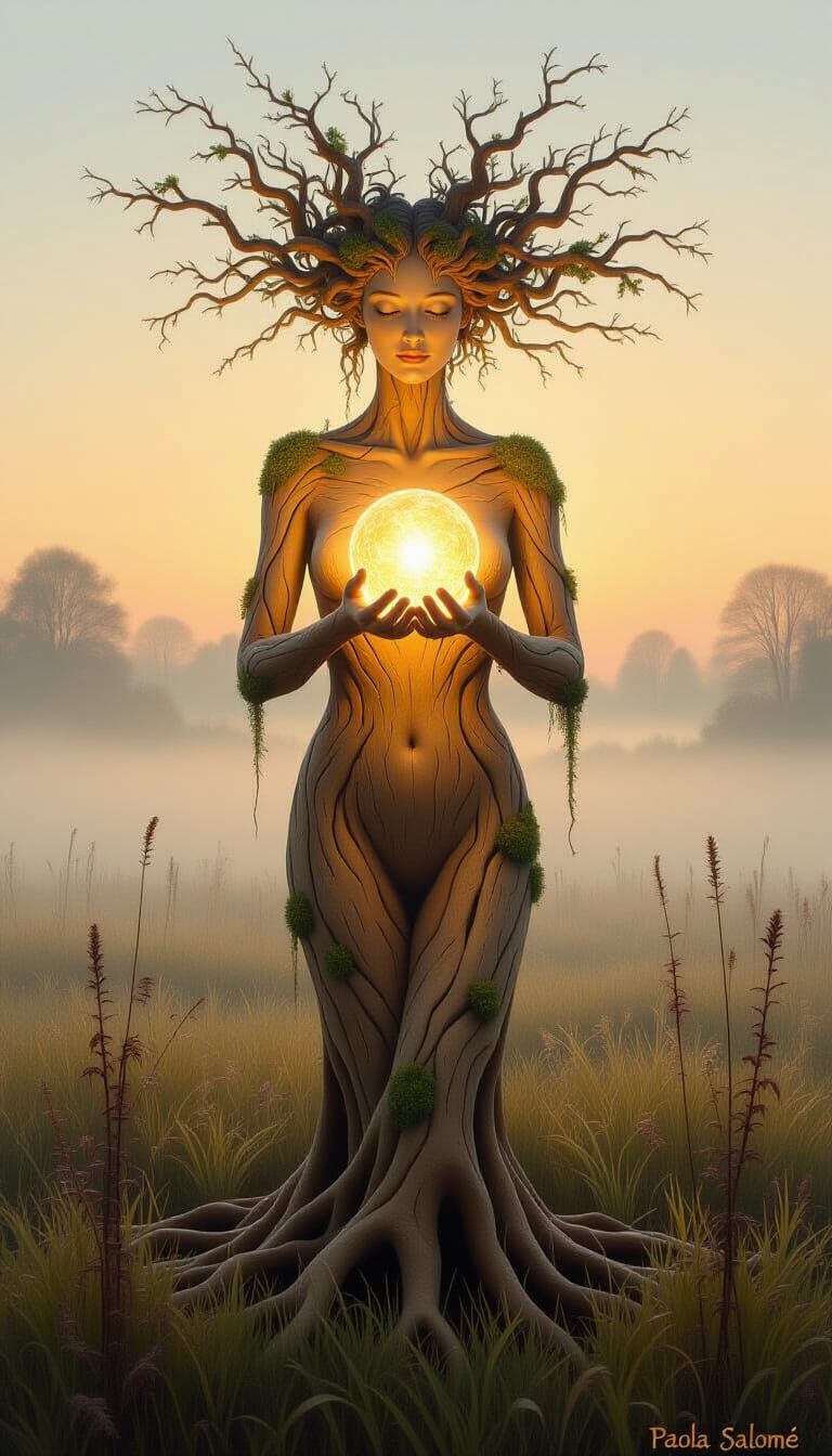 Ethereal Tree Woman with Golden Light Orb