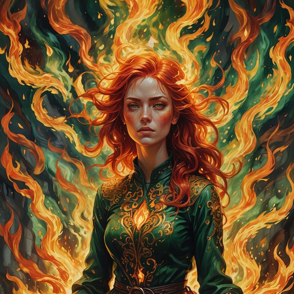 Woman with Flaming Hair in Oil Painting Style