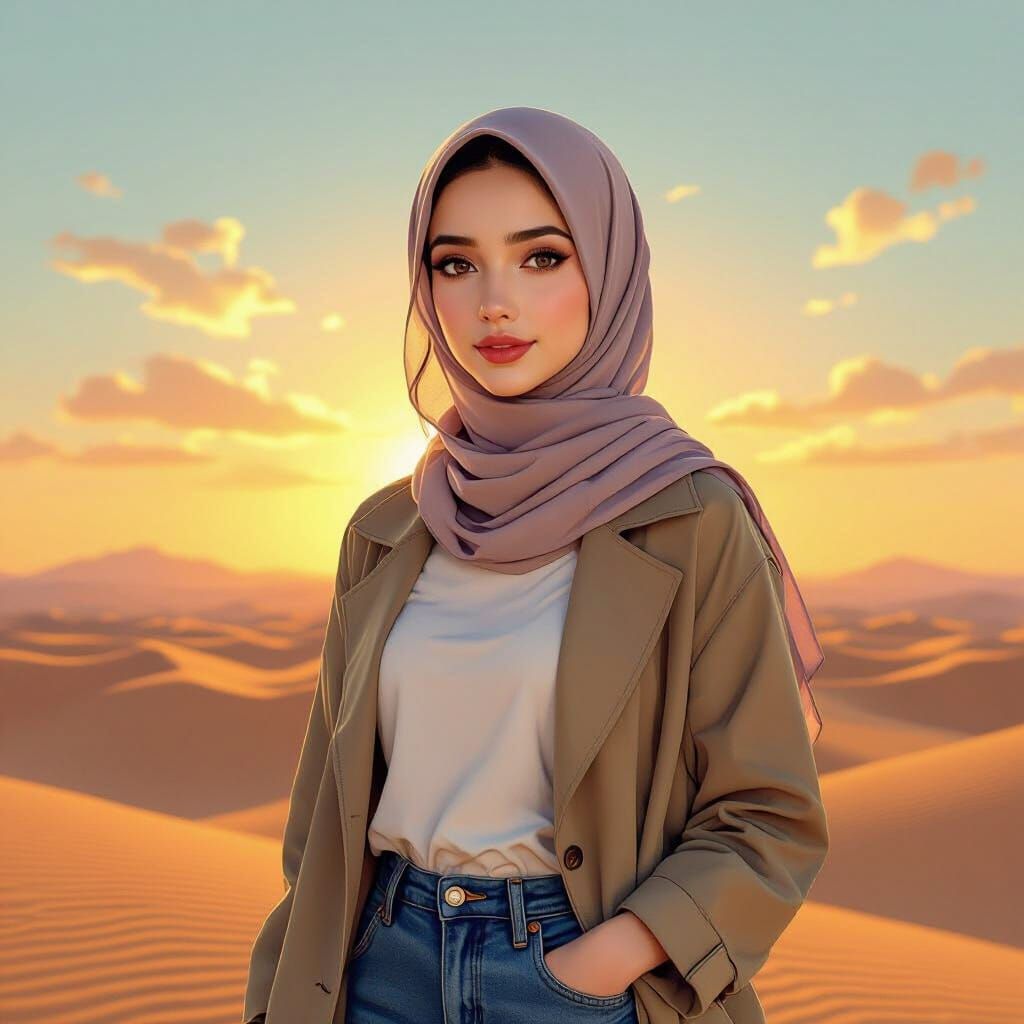 Woman Steps into Desert Sunset in Vibrant Style