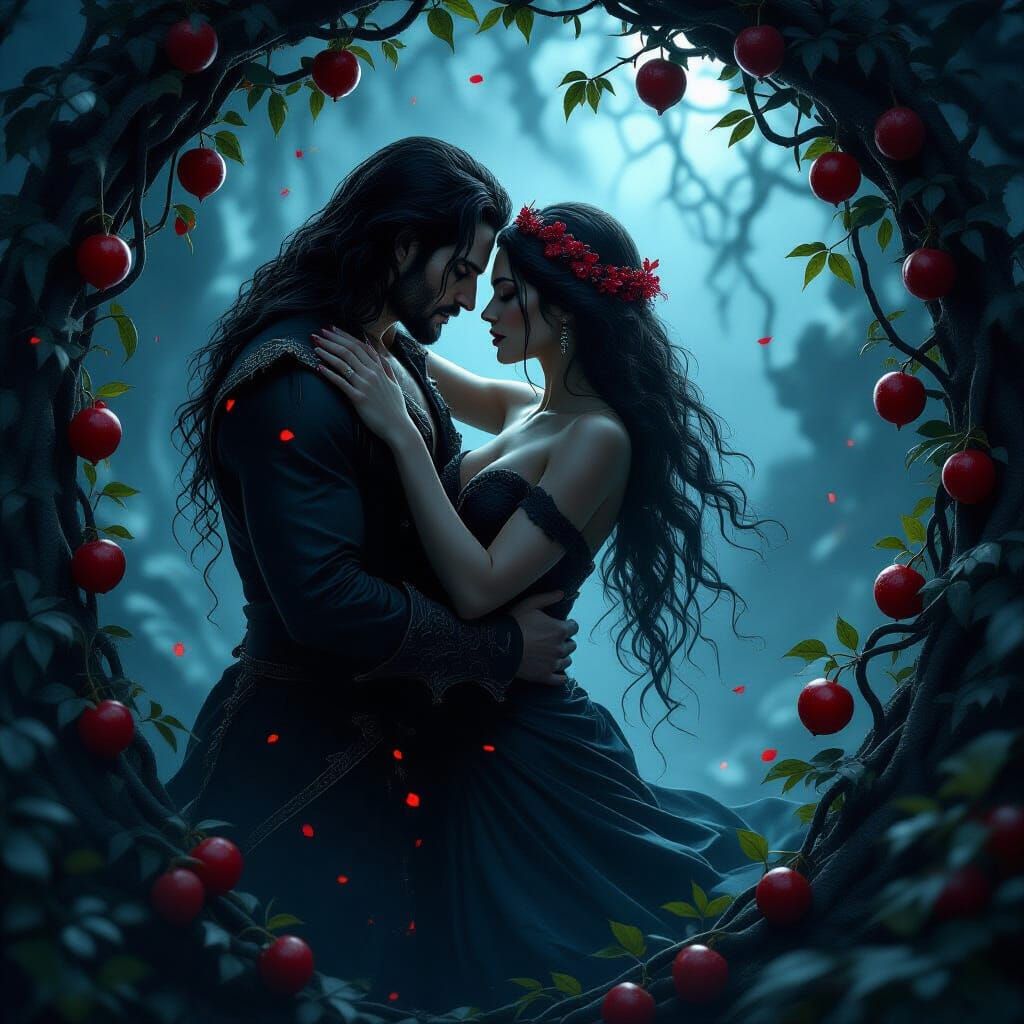 Hades and Persephone Embrace in Shadowy Underworld