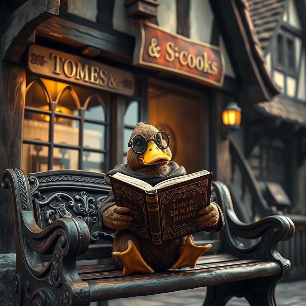 Medieval Fantasy Duck in Quaint Bookstore Setting, Inspired...