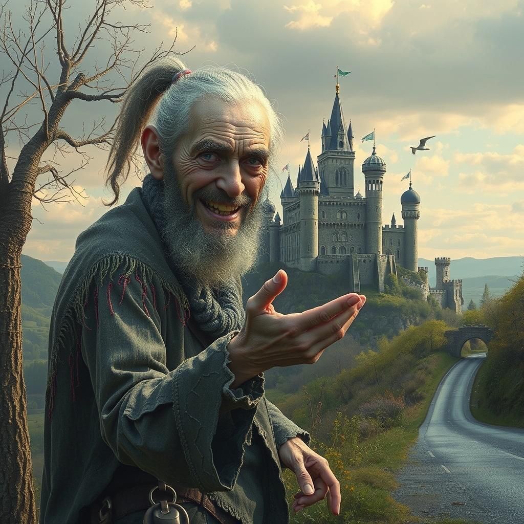 Impoverished Old Man Begging Near Medieval Castle
