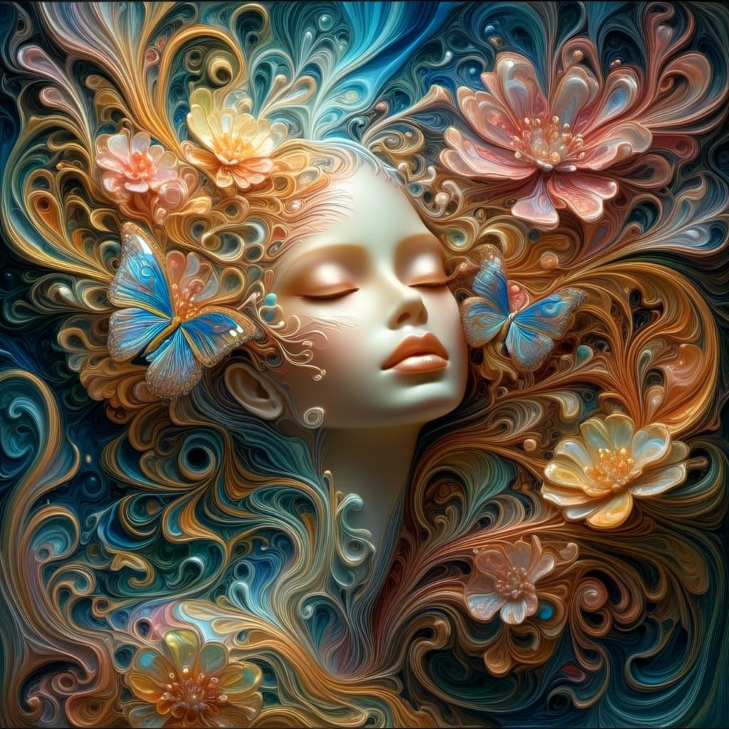 Dryad Merging in Biomechanical Forest, Liquid Pour Painting