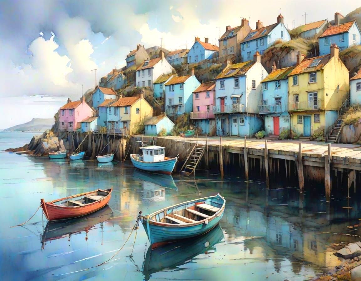 Pastel Sea View with Boats in Watercolor Style