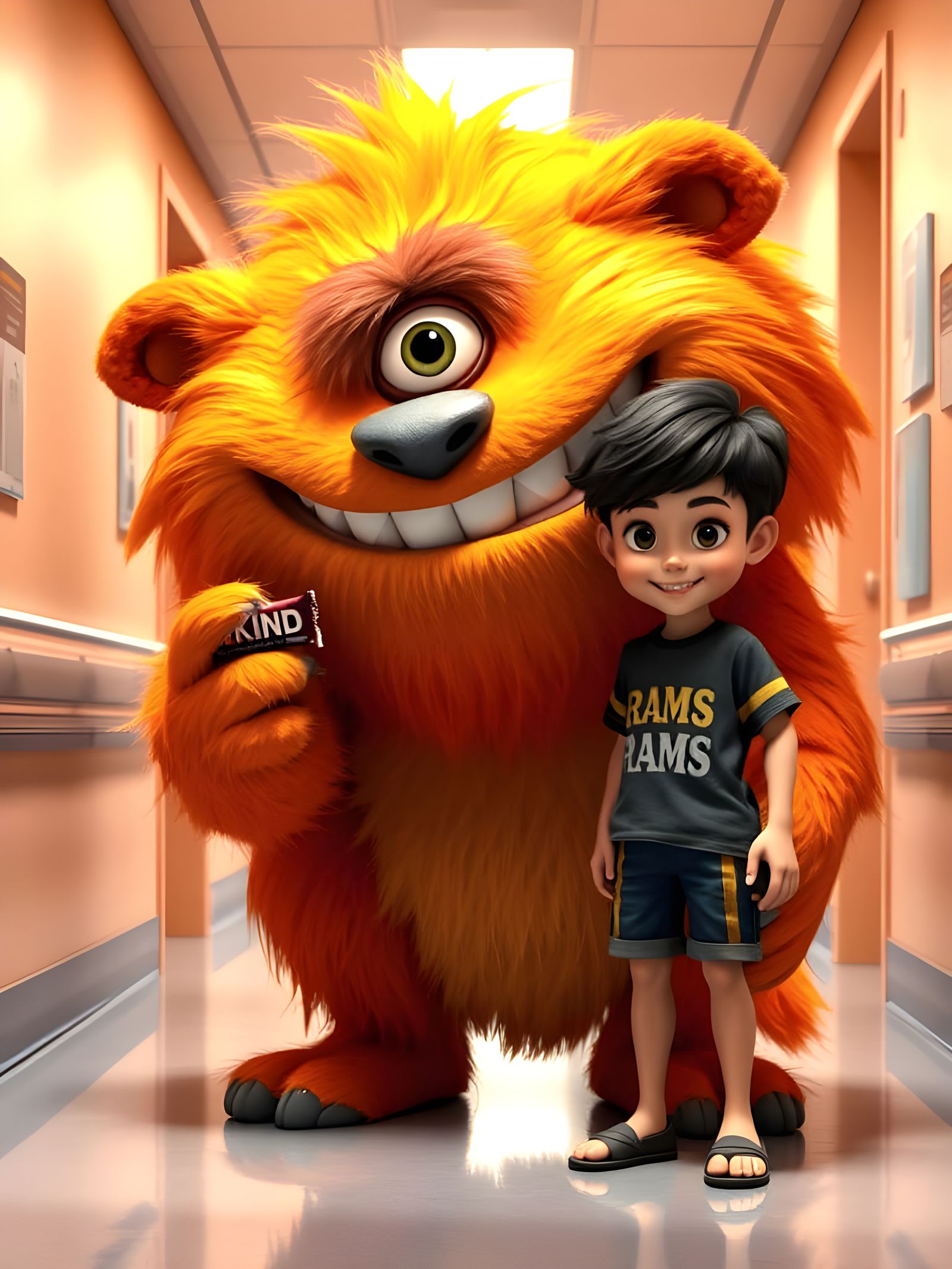 Friendly Furry Beast Offers Snack in Children's Hospital