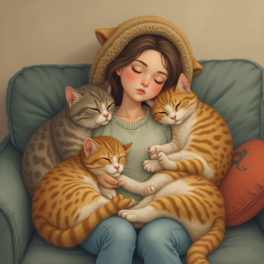 Woman Wears Cats as Cozy Clothing on Couch