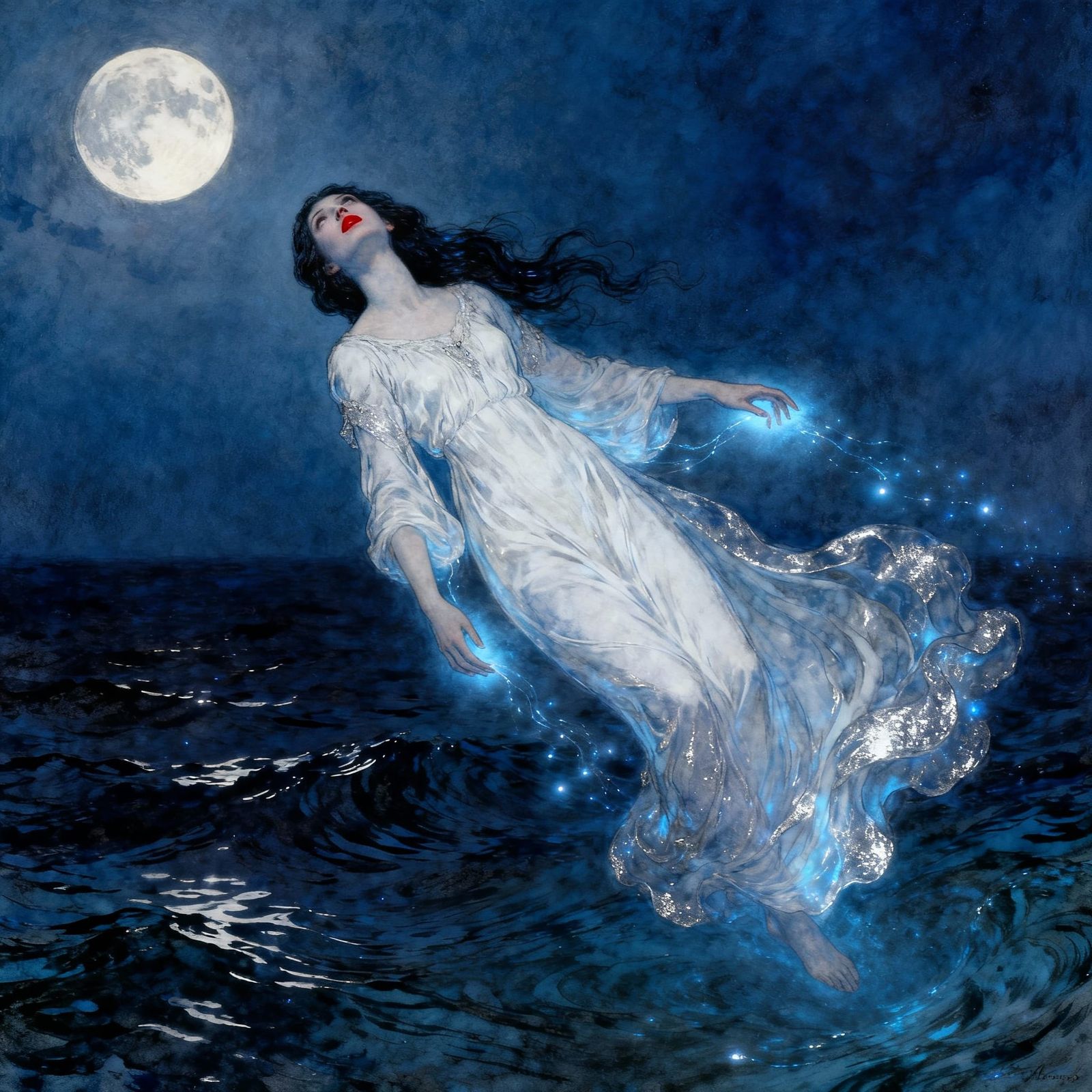 Ethereal Maiden Floating Above Dark Sea Under Full Moon