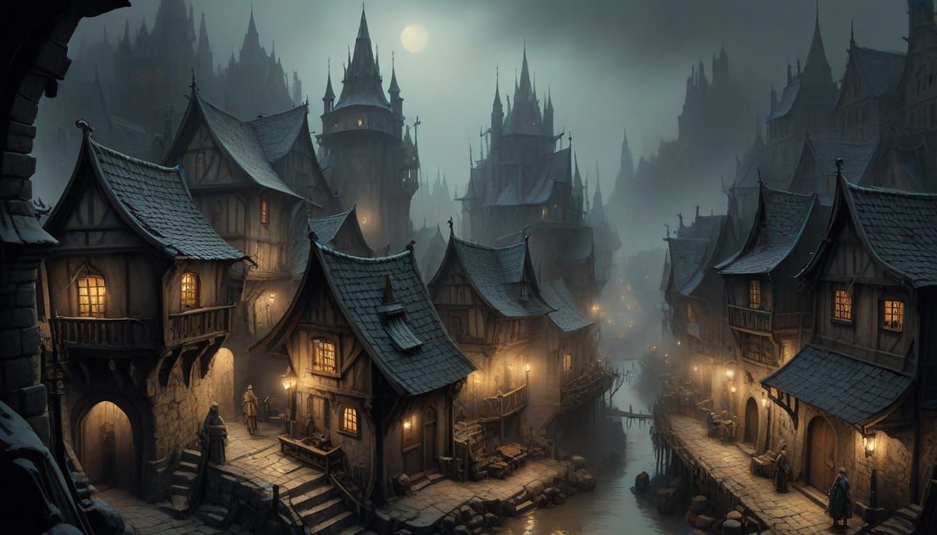 Dark Medieval Fantasy Town Ink Painting
