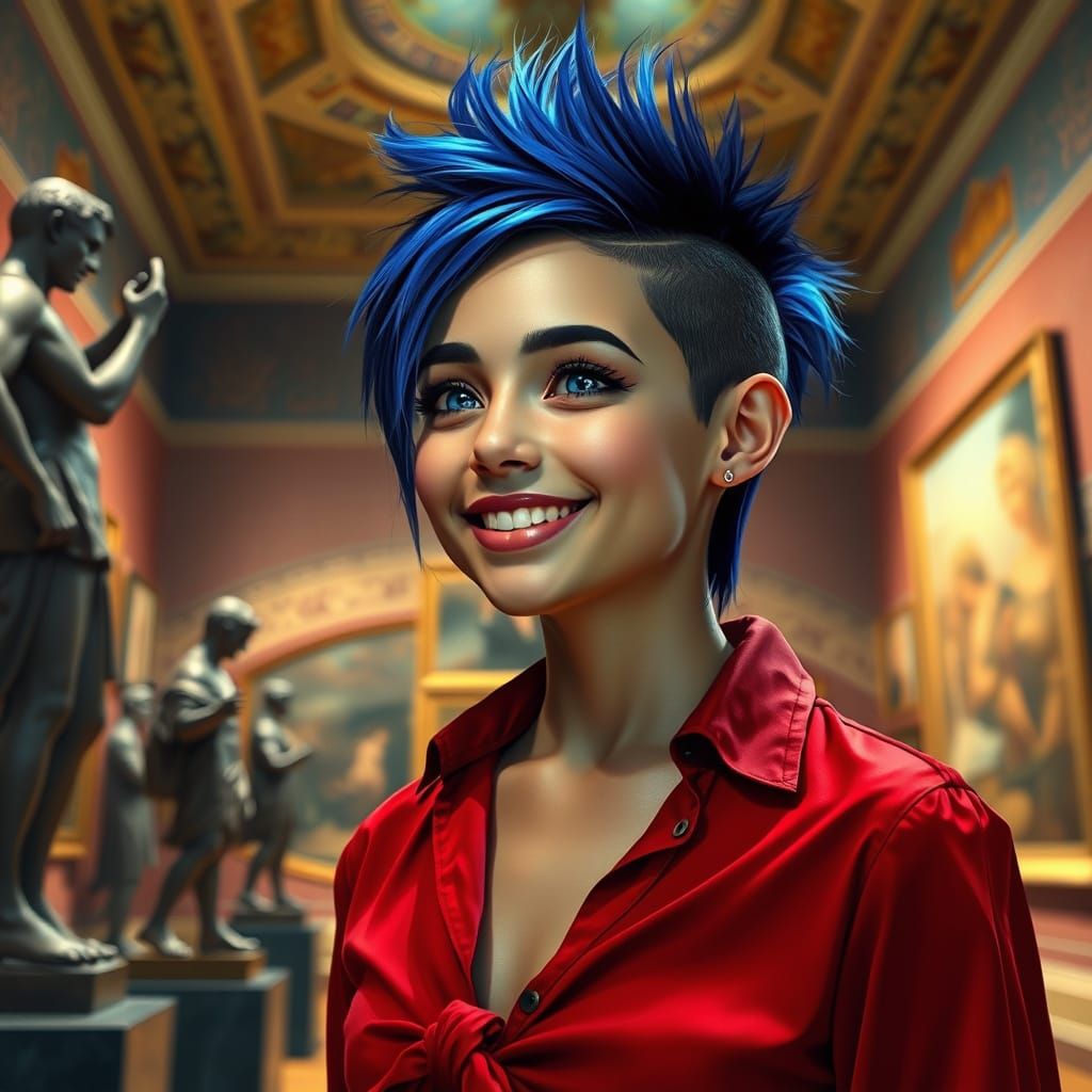 Punk Woman with Cat Eyes in Museum