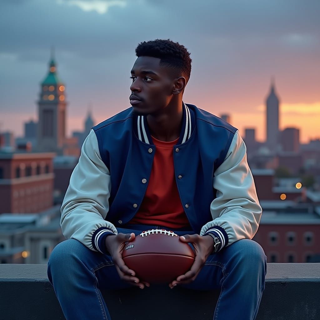 Young Athlete Contemplates Boston Skyline at Dusk