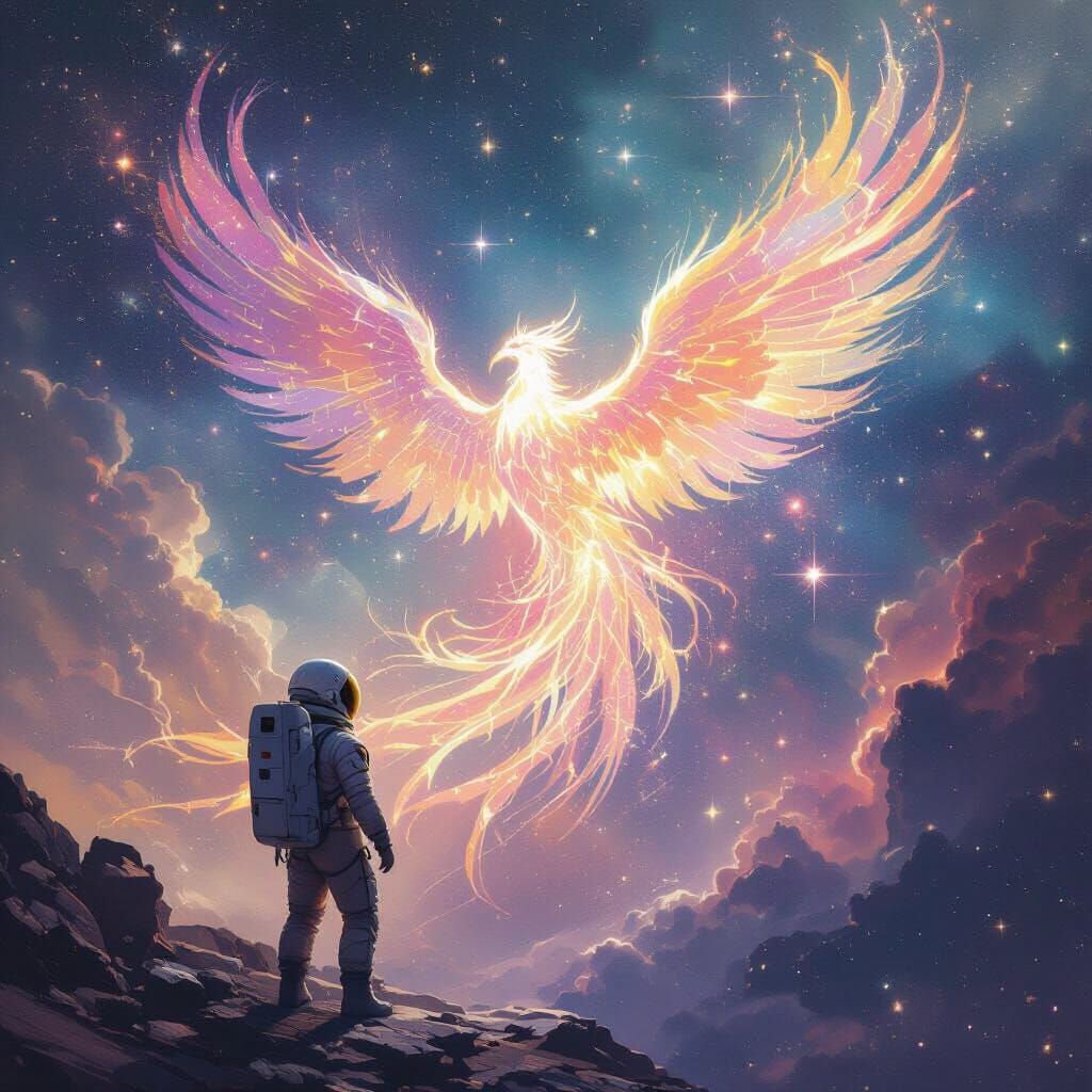 Astronaut Encounters Starlight Phoenix in Cosmic Nebula