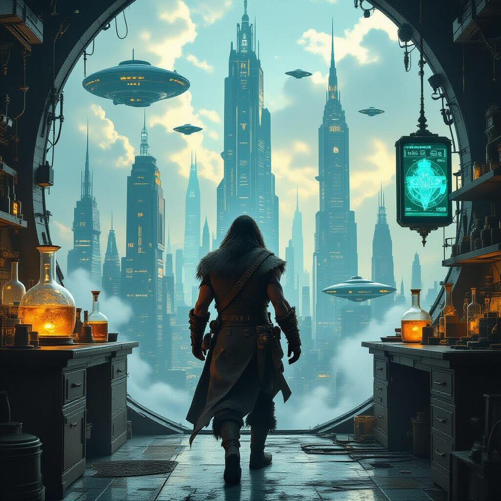 Stone Age Scientist in Future Cityscape