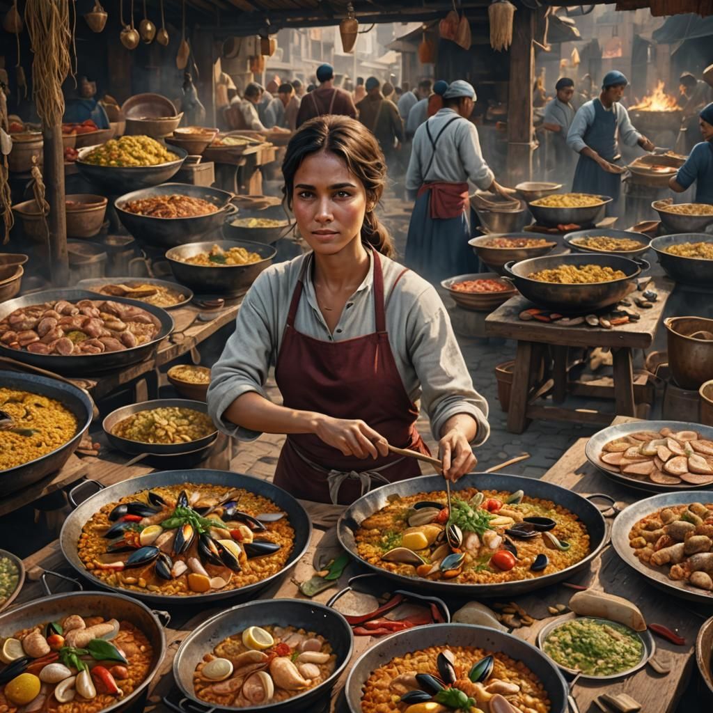 Woman Cooking Paella in Open Market, Detailed Matte Painting