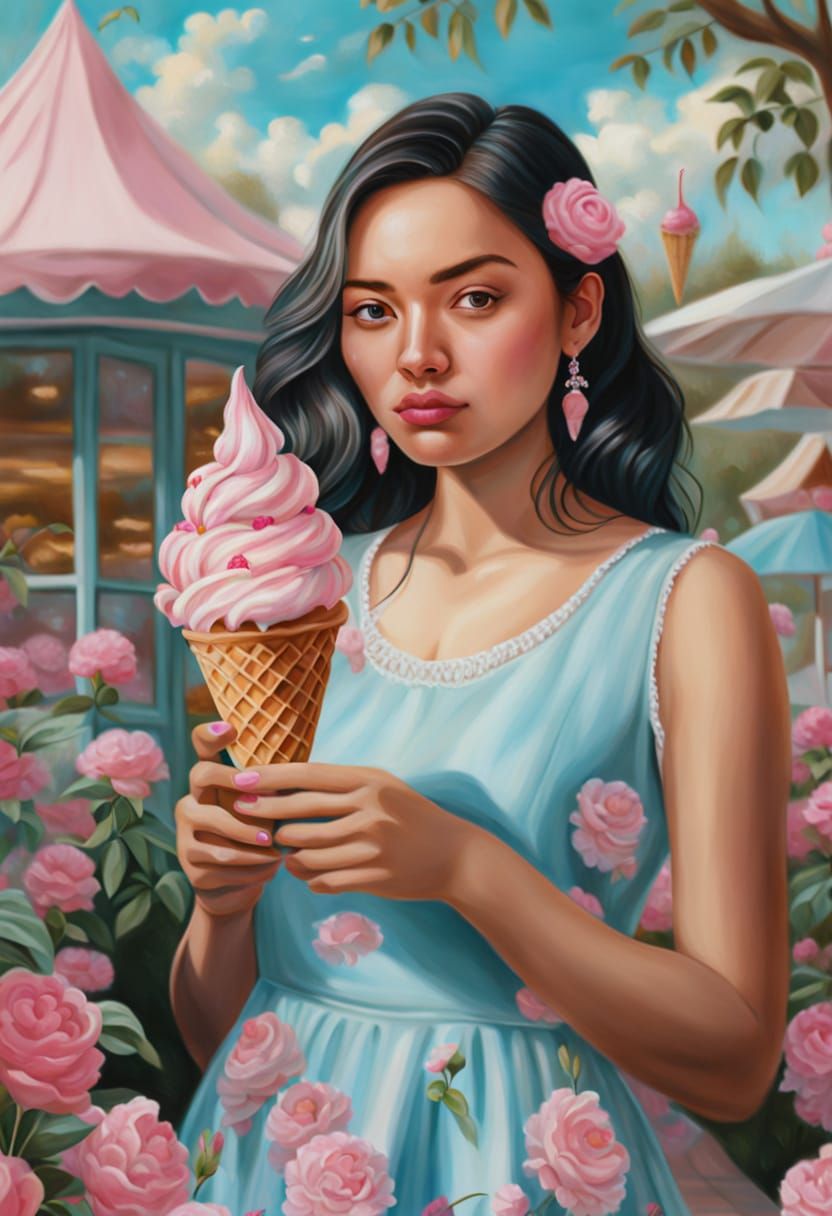 Young Woman with Pink Ice Cream: Photorealistic Painting