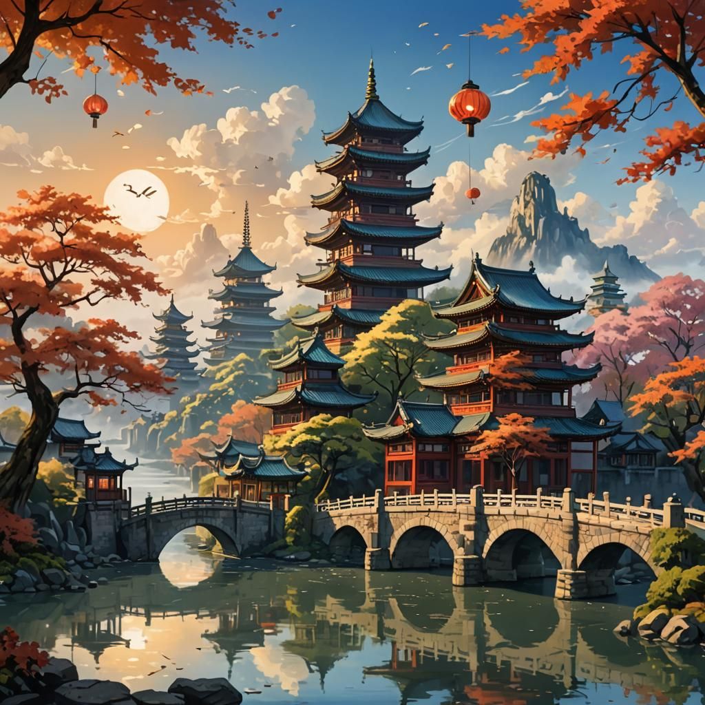 Fantasy Landscape with Bridge, Pagoda, and Tower