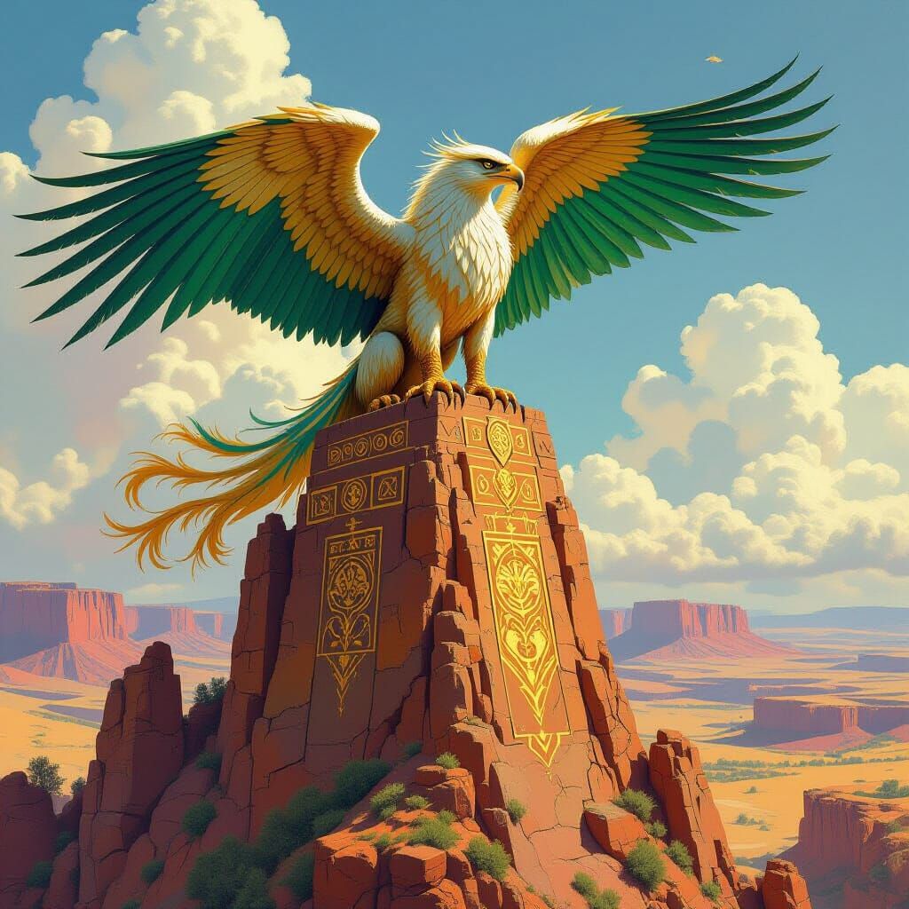 Griffin Perched Atop Desert Mesa