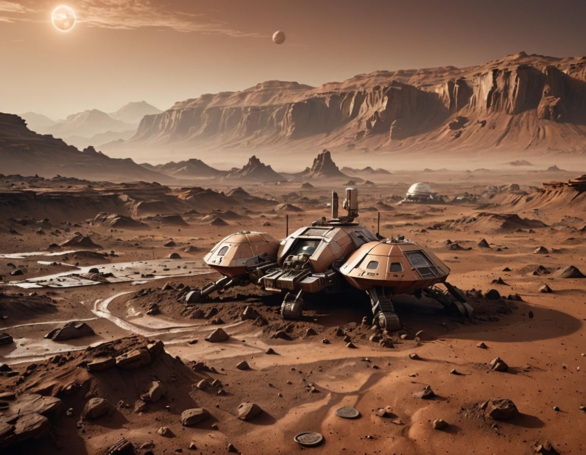 Martian Mud Base and Spacecraft in Hyperrealism