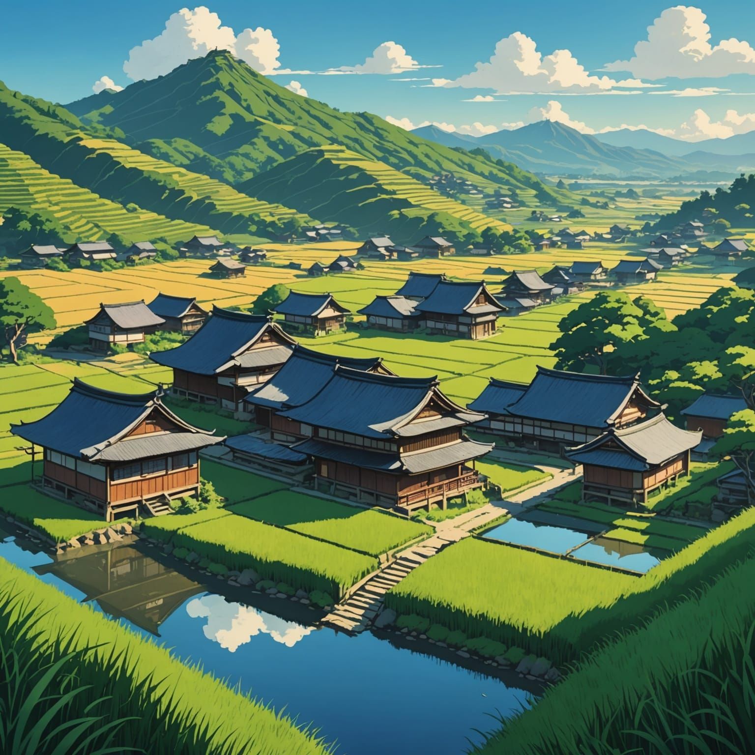 Idyllic Japanese Village in Ukiyo-e Style