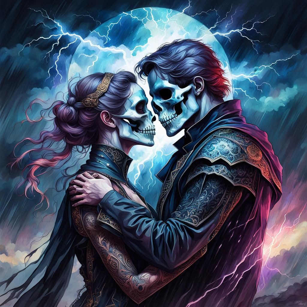 Gothic Skull Romeo and Juliet Portrait in Aquarell