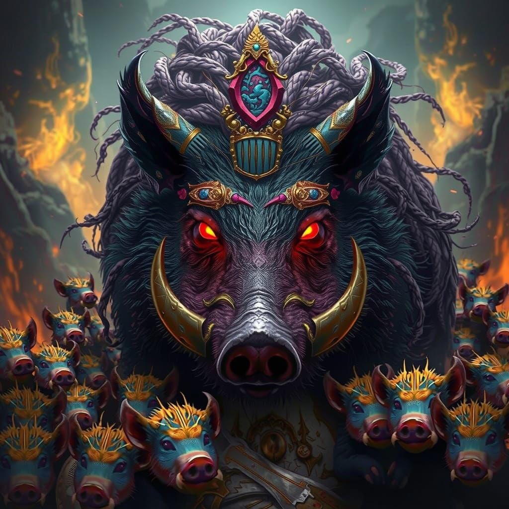 Colossal Boar with Treasures in Dark Fantasy Style