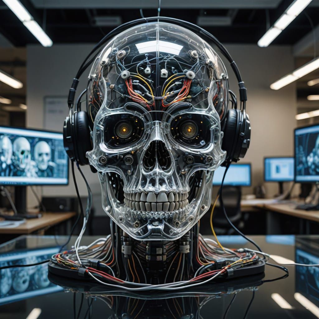 Robocop Skull in a Futuristic Office Scene