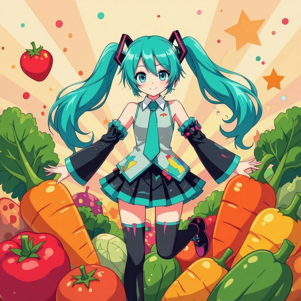 Hatsune Miku Among Vibrant Vegetables in Psychedelic Style