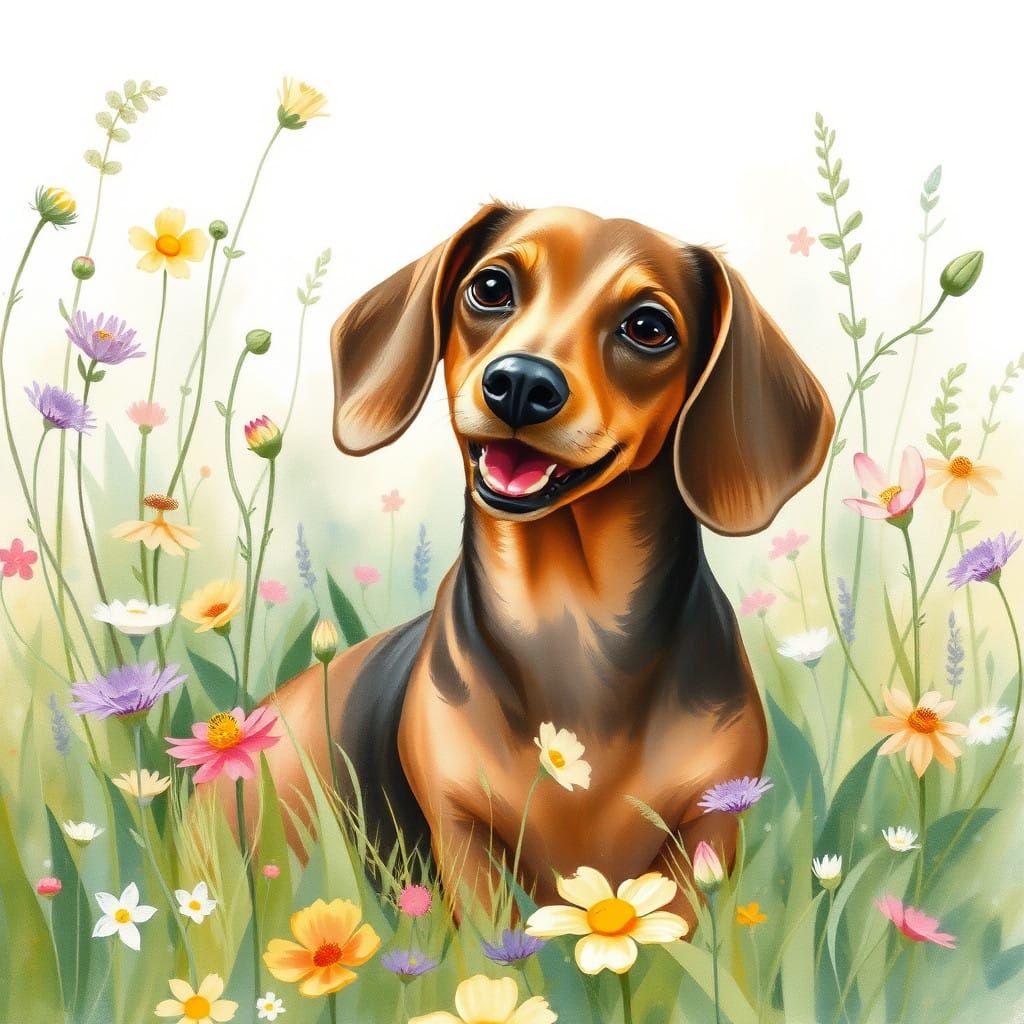Dachshund in a Whimsical Watercolor Meadow