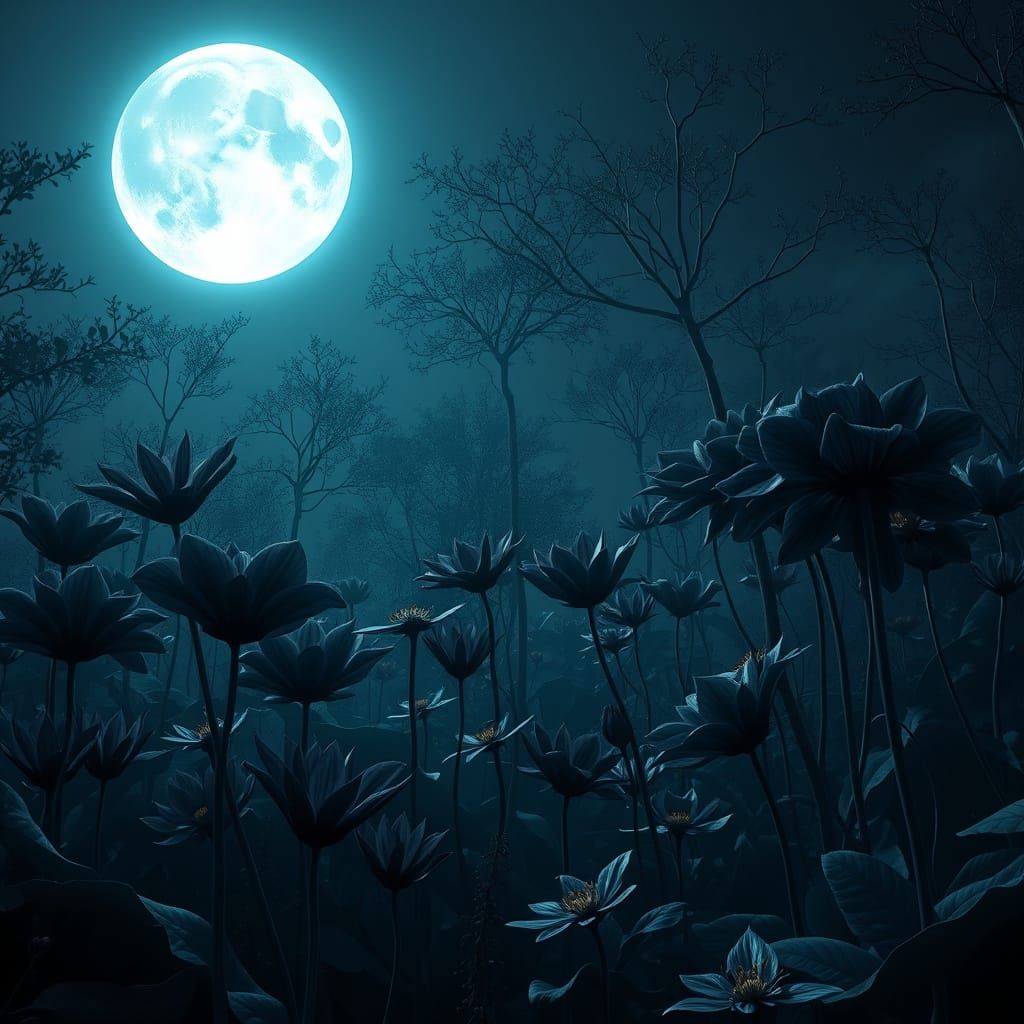 Exotic Night Garden Under Moonlight, Matte Painting