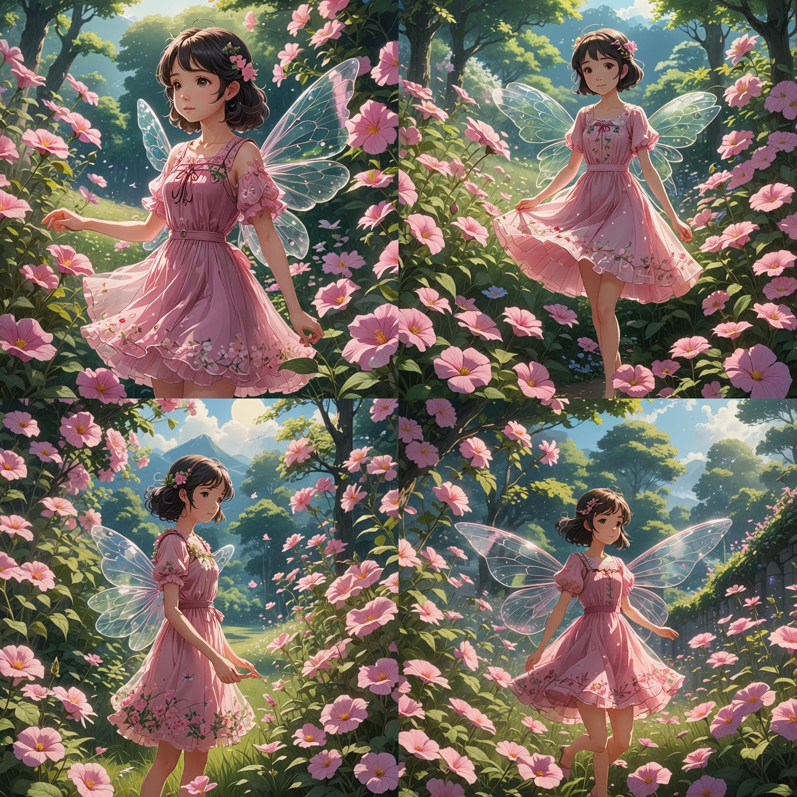 Pink Fairy in Spring Meadow, Anime Style