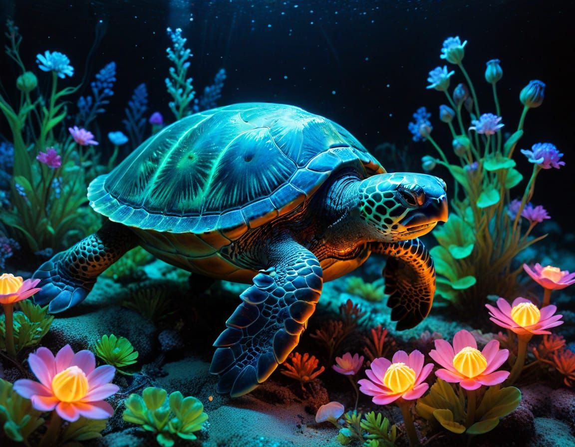 Glowing Sea Turtle in an Underwater Garden