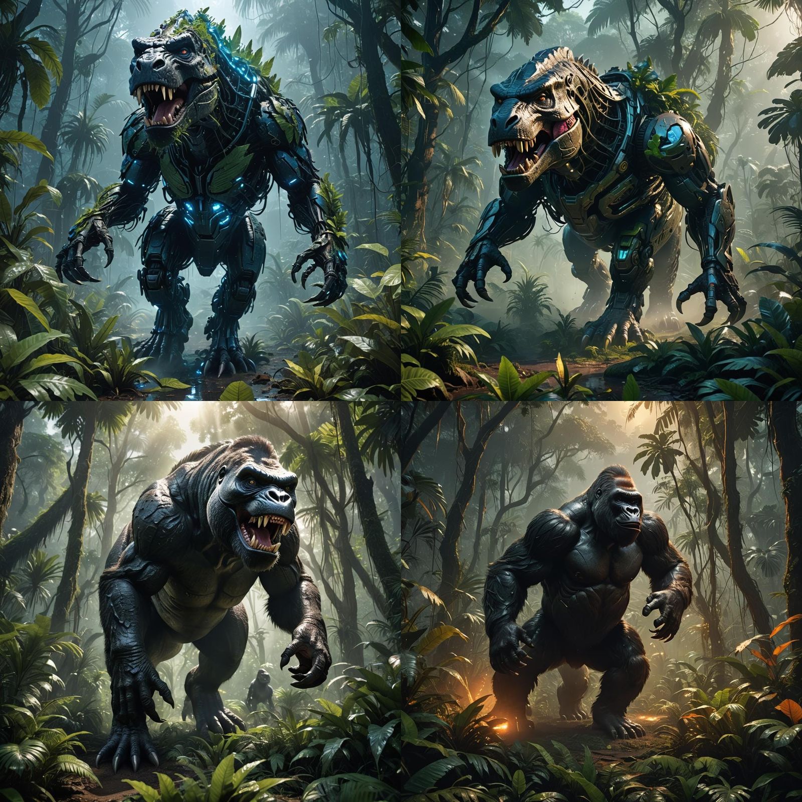 Futuristic T-Rex-Gorilla Hybrid in Dense Jungle