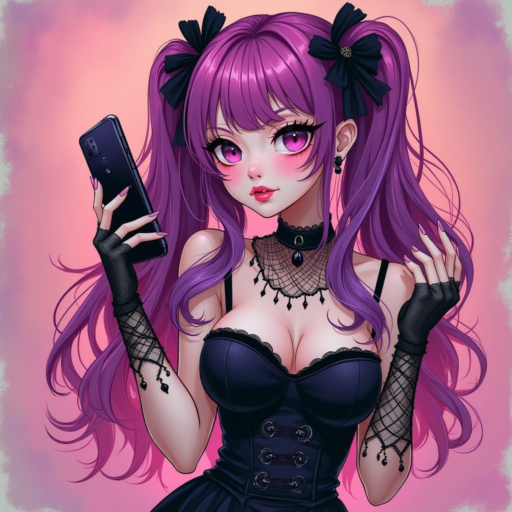 Gothic Anime Girl Selfie in Vibrant Digital Art