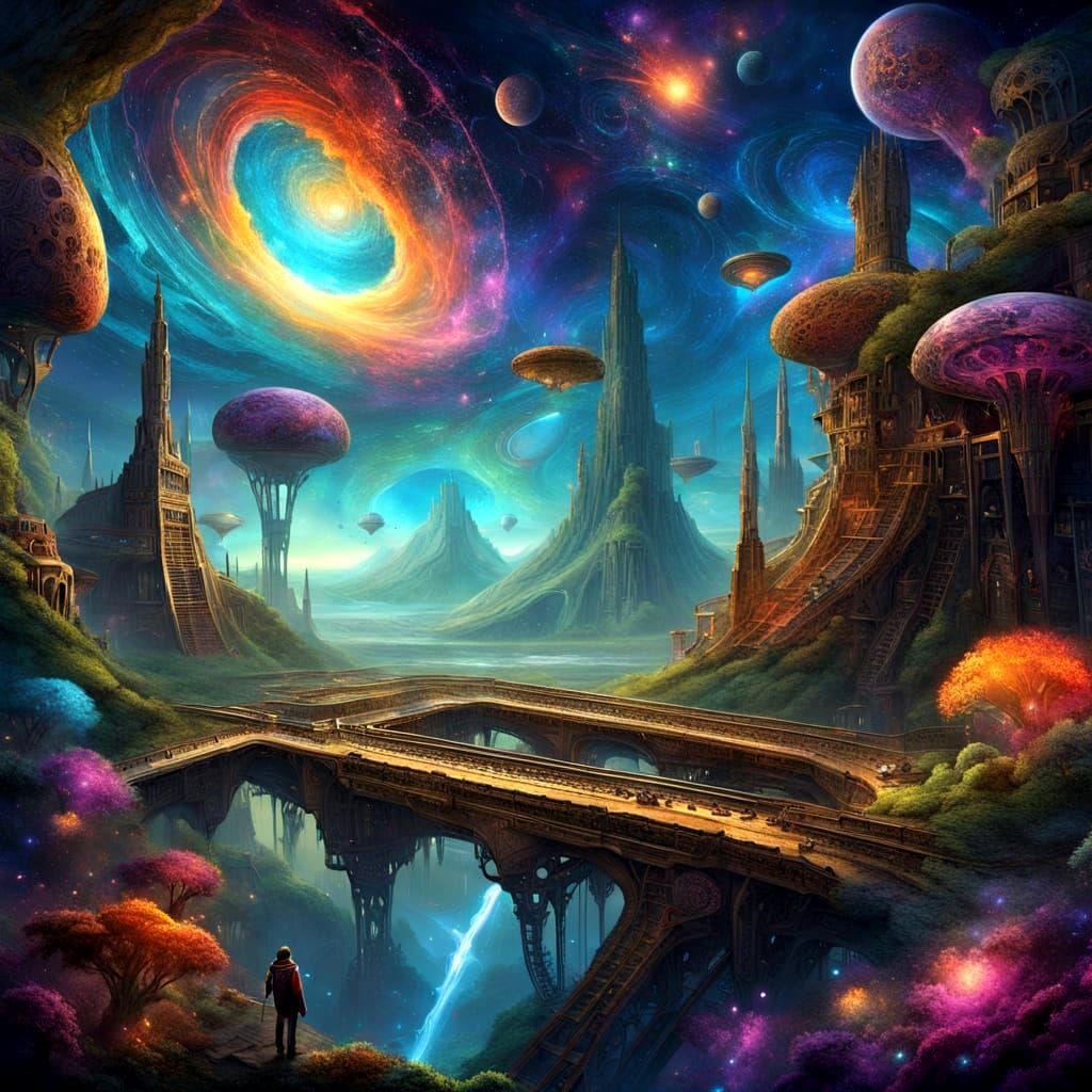 Clockwork City in Crater Under Cosmic Sky