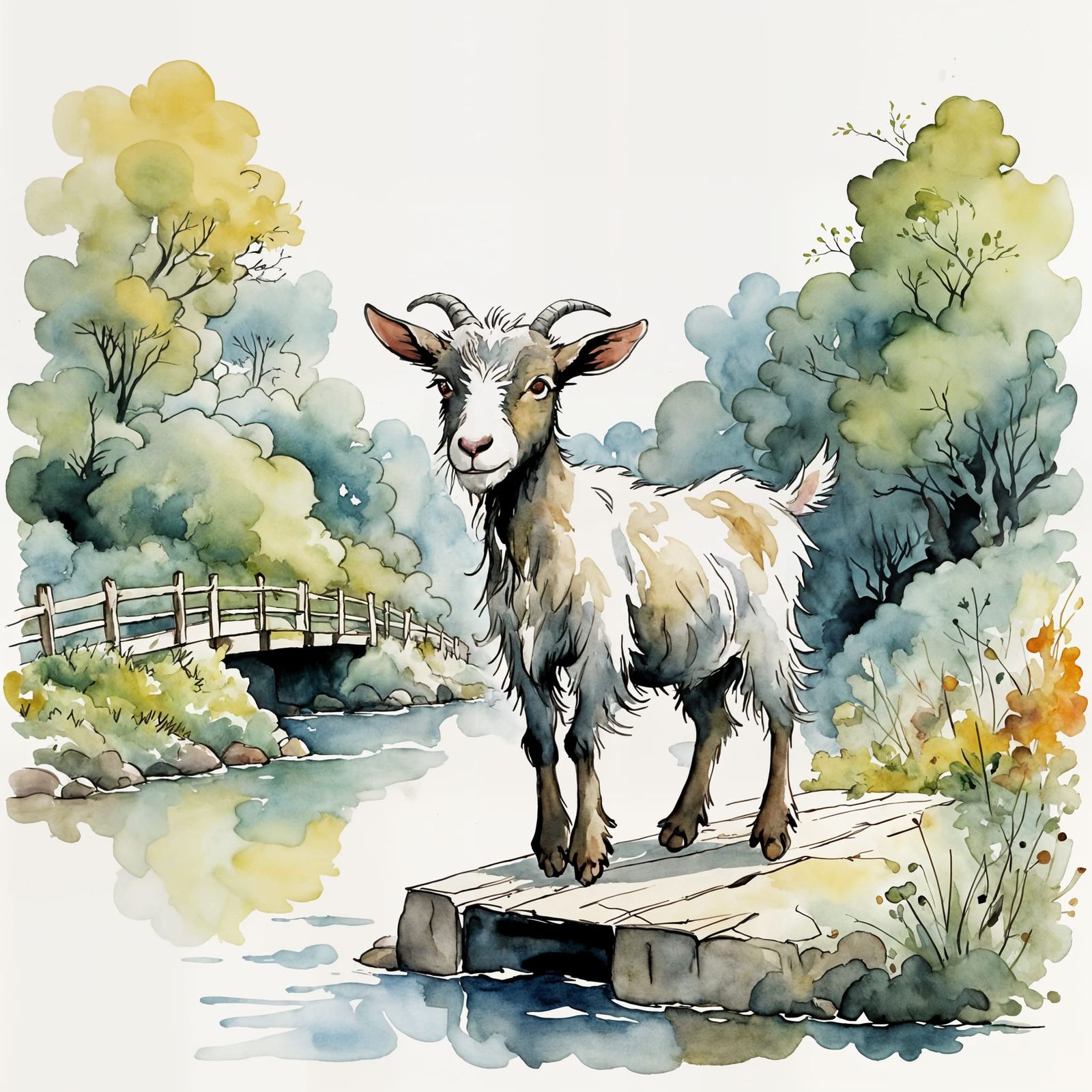 Chibi Goat on Bridge in Watercolor Style