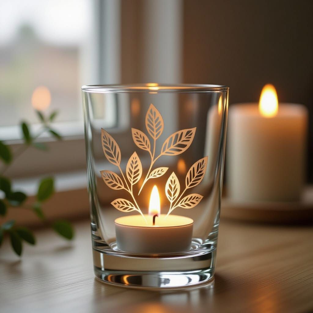 Cute Etched Votive Glass with Leaf Design