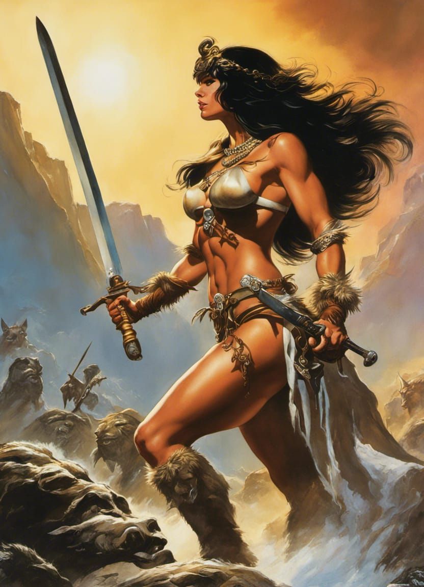 Barbarian Woman with Sword in Fantasy Art Style