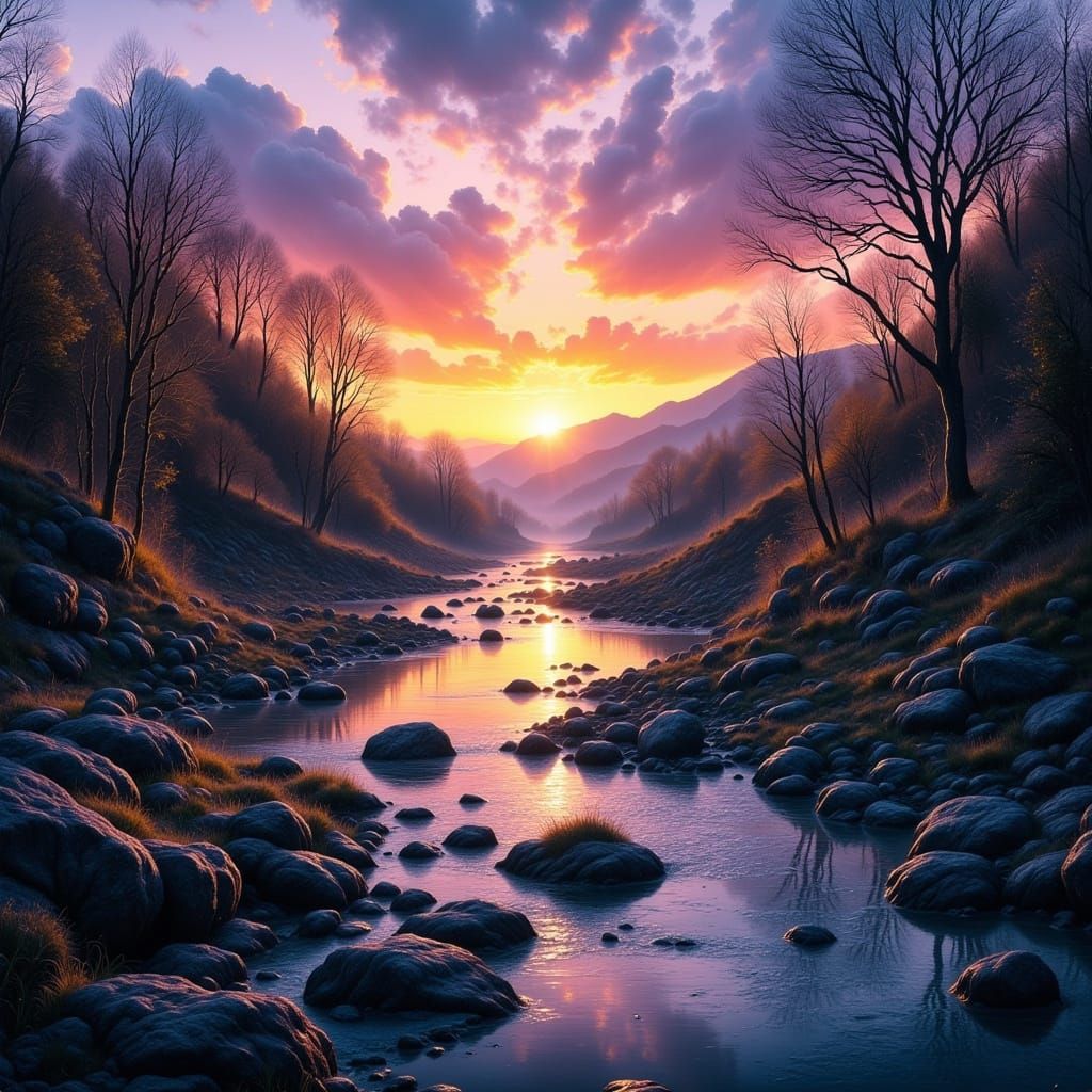 Violet Golden Hour River with Gemstones