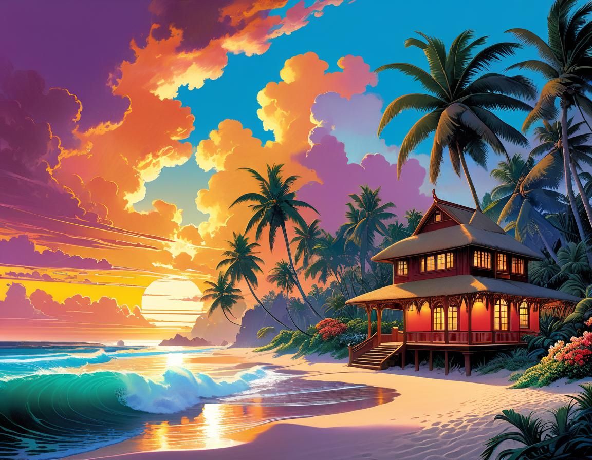 Tropical Beach Bungalow Dreamscape in Watercolor