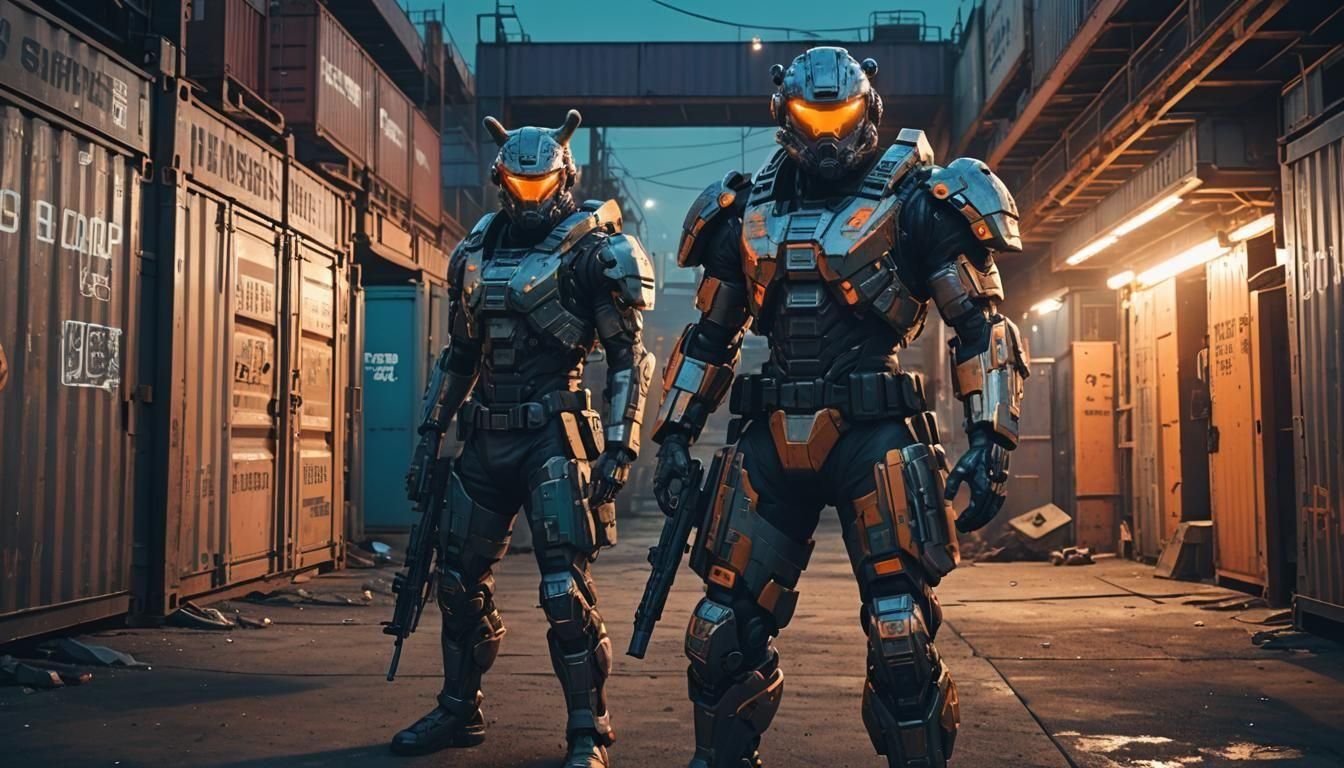 Furry Soldier in Cyberpunk Shipping Yard