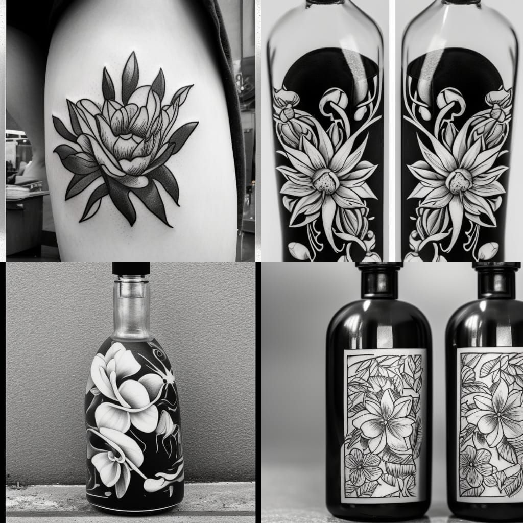 Monochrome Tattoo Design: Vanilla Flowers in Bottle