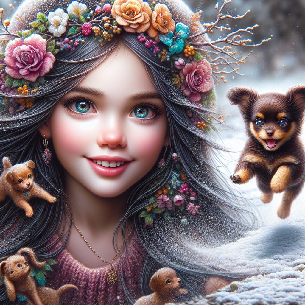 Enchanting Portrait of Girl with Puppy in Snowy Landscape