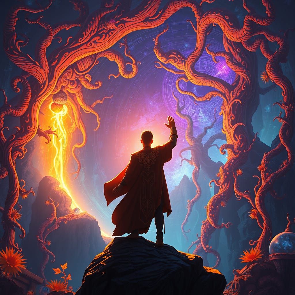 Heroic Figure Basks in Golden Light Amidst Mystical Realm