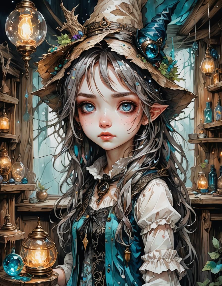 Chibi Witch Girl Illustration with Cottage