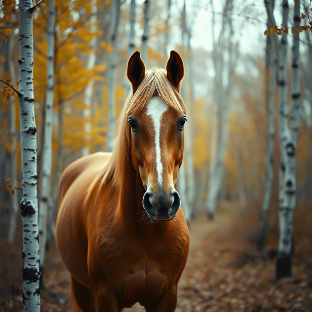 Epic Palomino Horse in Autumn Birch Forest